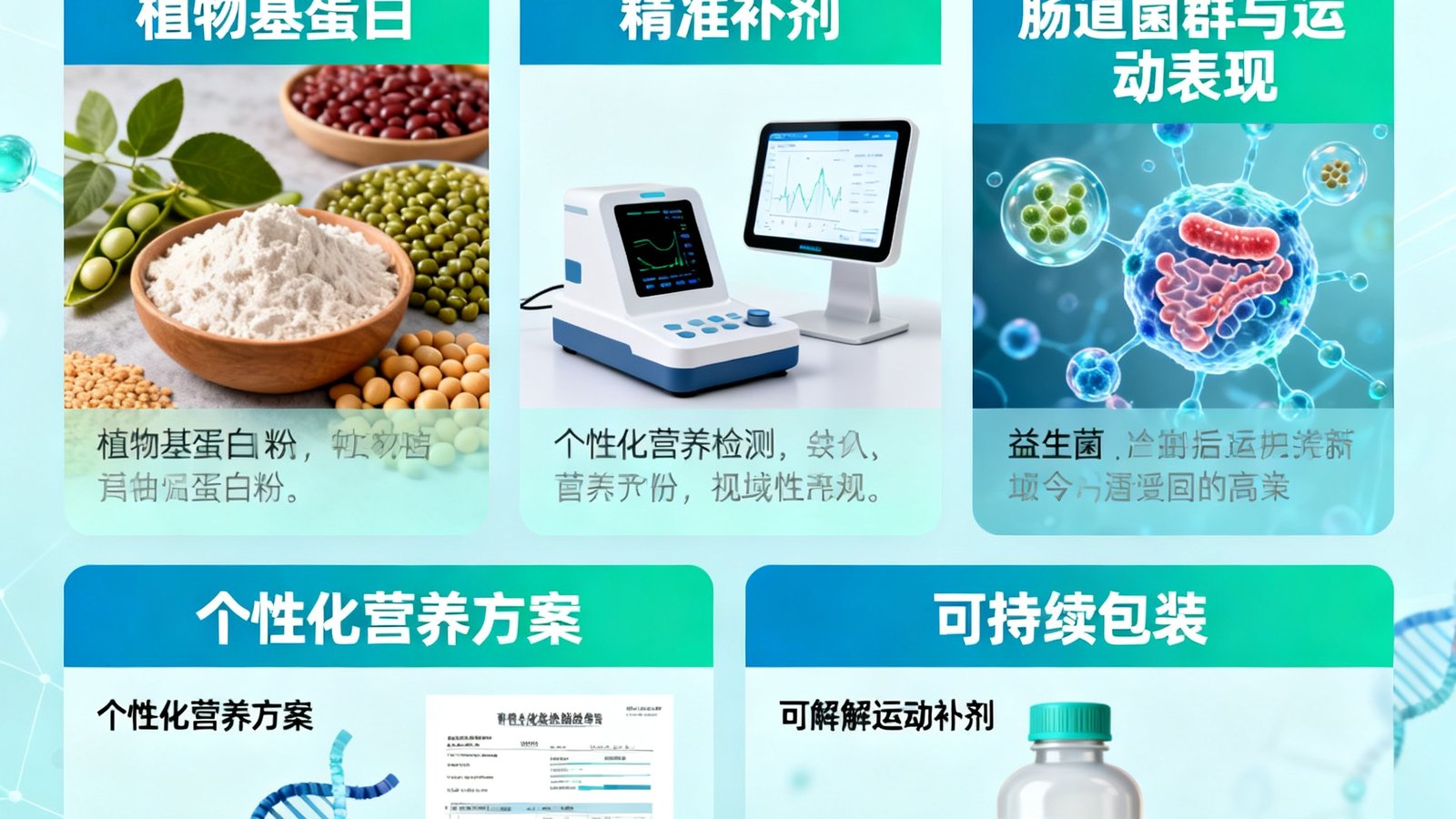 一张信息图展示2025年运动营养领域的五大趋势,包括植物基蛋白、精准补剂、肠道菌群与运动表现等关键词