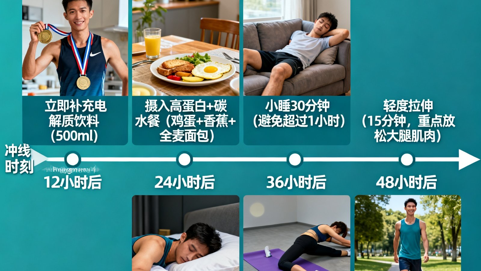 时间线示意图展示马拉松赛后从冲线时刻到48小时后的完整恢复流程,包括营养补充、睡眠安排和轻度活动建议