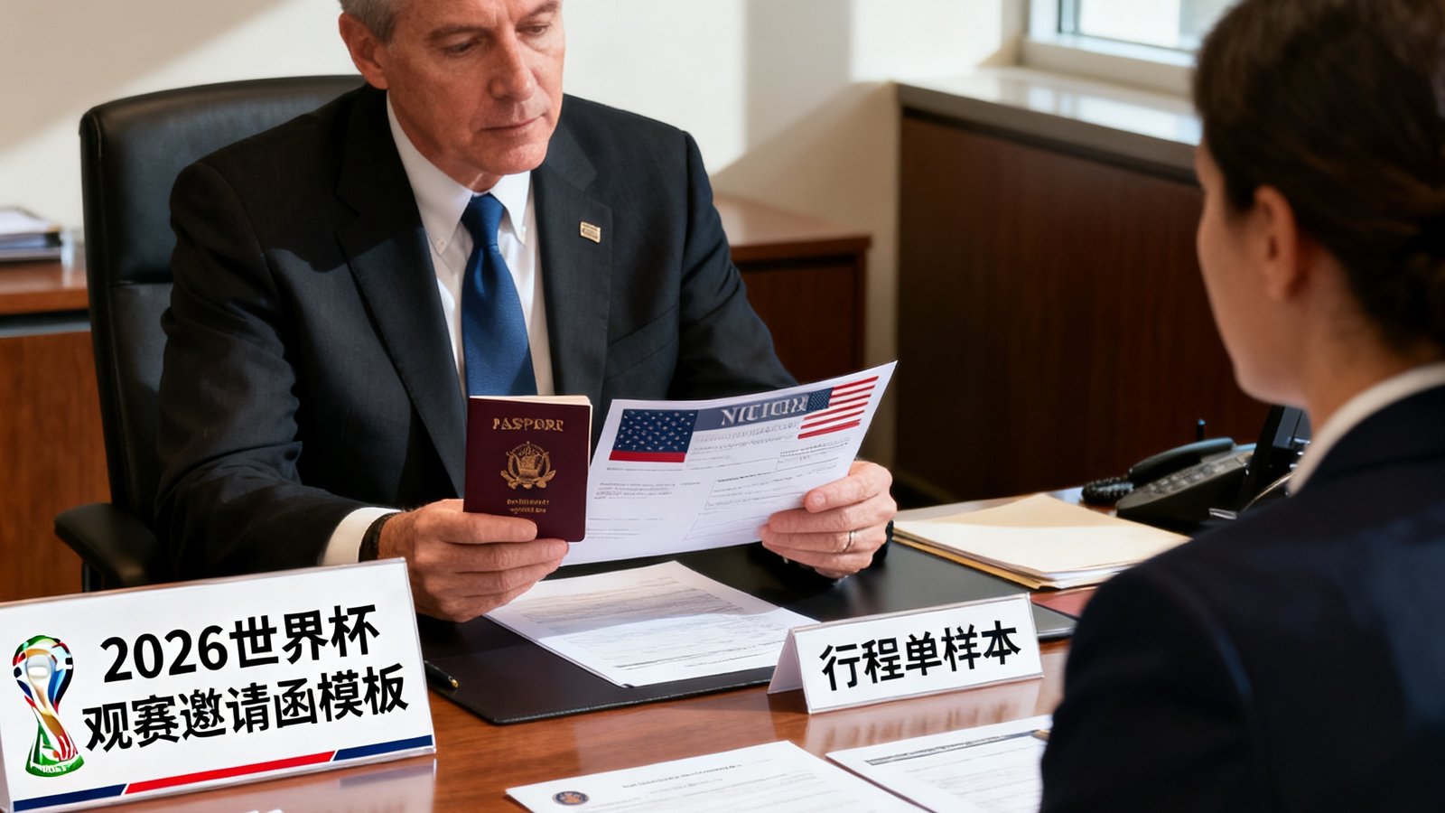 美国签证面试场景，签证官正在审核护照材料，桌上摆放着2026世界杯观赛邀请函模板和行程单样本