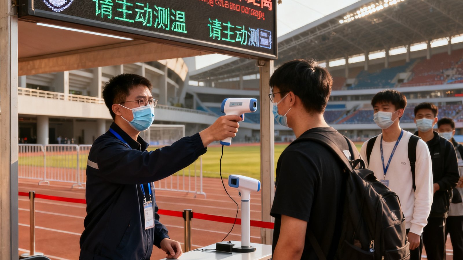 现代化体育场入口处的防疫检查站，工作人员佩戴口罩为观众测量体温，电子屏幕显示多语言防疫提示